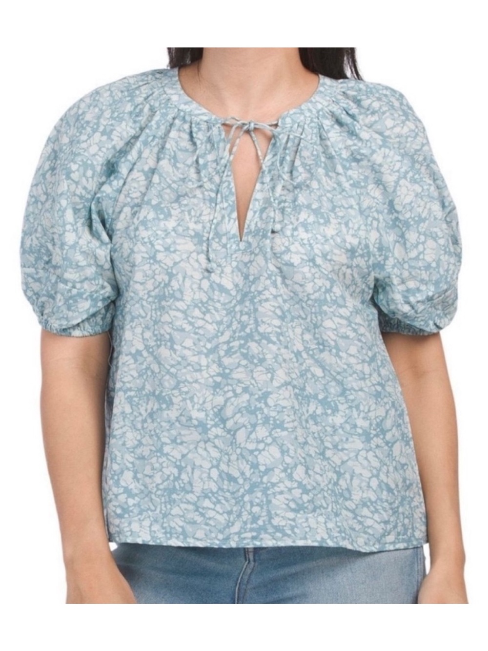 House‎ of Harlow 1960 Martine blouse seafoam Blue Floral Tie-Neck Puff Sleeve